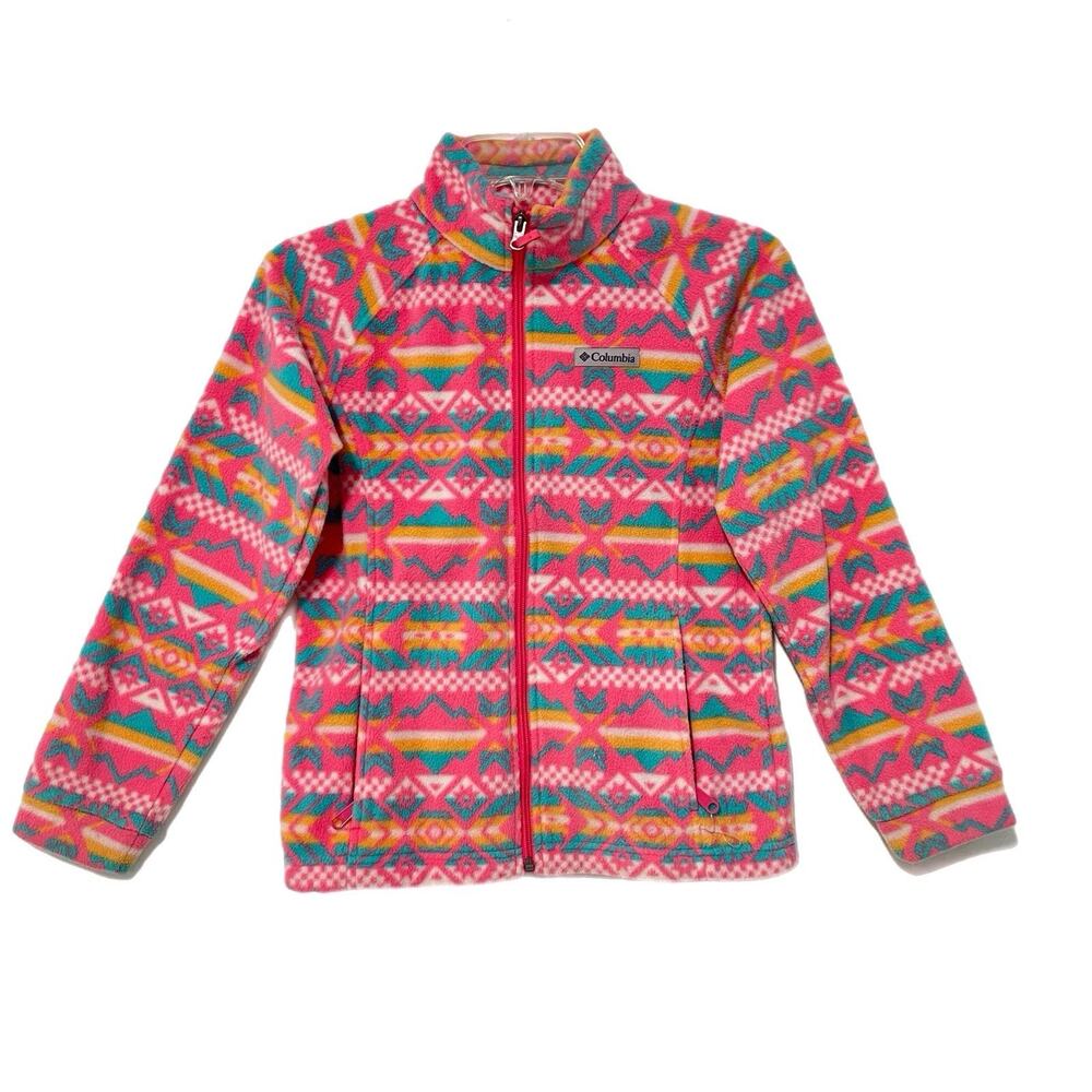 Columbia Girls Full Zip Fleece Jacket Mock Neck Medium 10/12 Aztec Print Pink